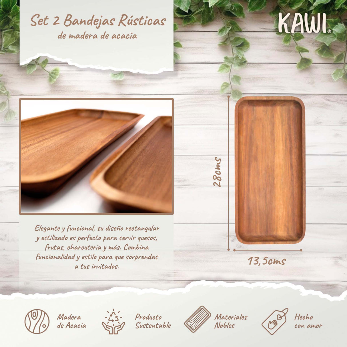 Bandeja rectangular de madera de acacia Kawi. Diseño elegante y funcional, perfecta para aperitivos y más. ¡Compra online y eleva tus presentaciones! Envío a Chile.