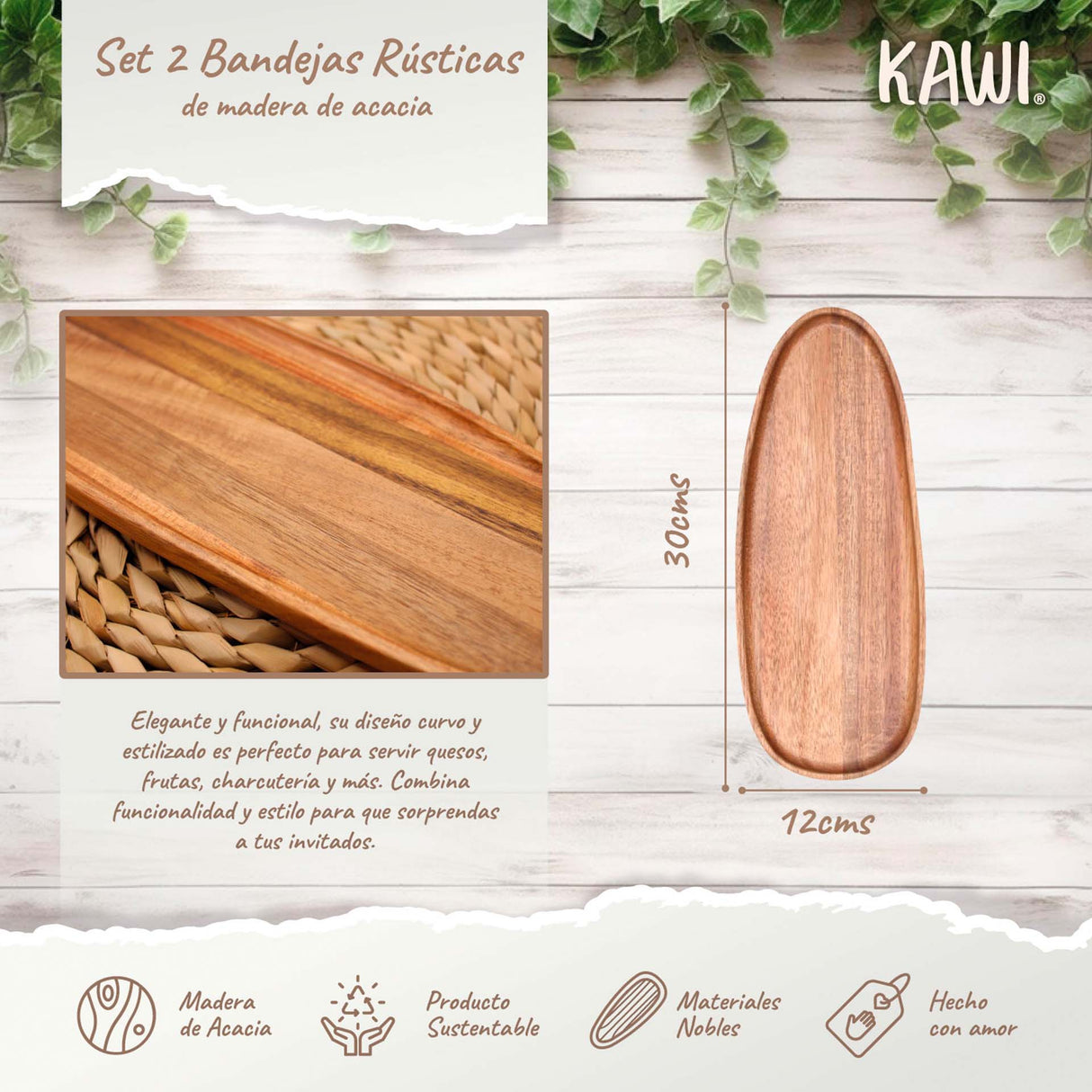 Bandeja ovalada de madera de acacia Kawi. Diseño rústico y elegante, perfecta para servir aperitivos y más. ¡Compra online y dale un toque natural a tu mesa! Envío a Chile.