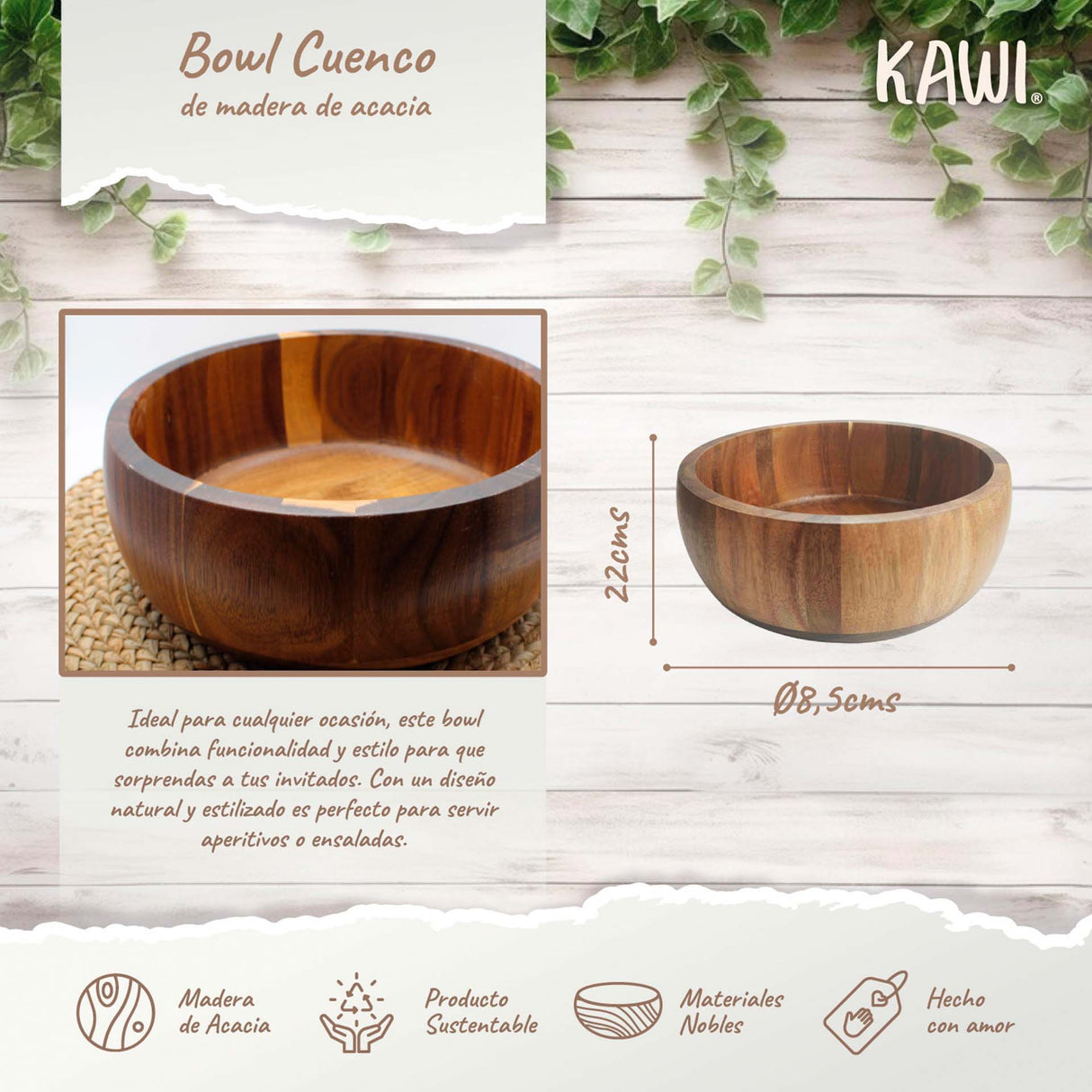 Bowl Ensaladera De Madera De Acacia 22 cm