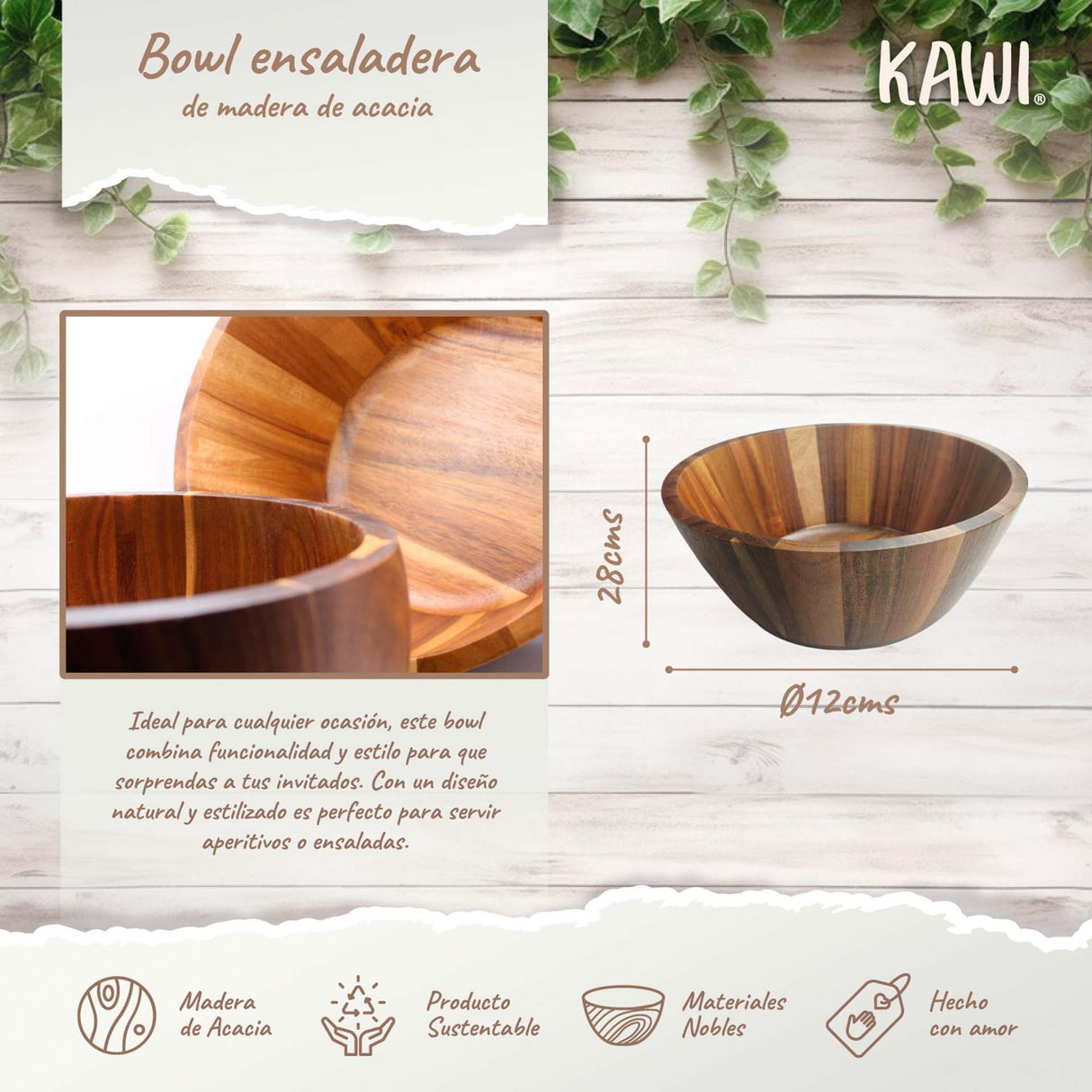 Bowl ensaladera de madera de acacia Kawi. Diseño amplio y elegante, perfecto para servir ensaladas. ¡Compra online y dale un toque natural a tu mesa! Envío a todo Chile.