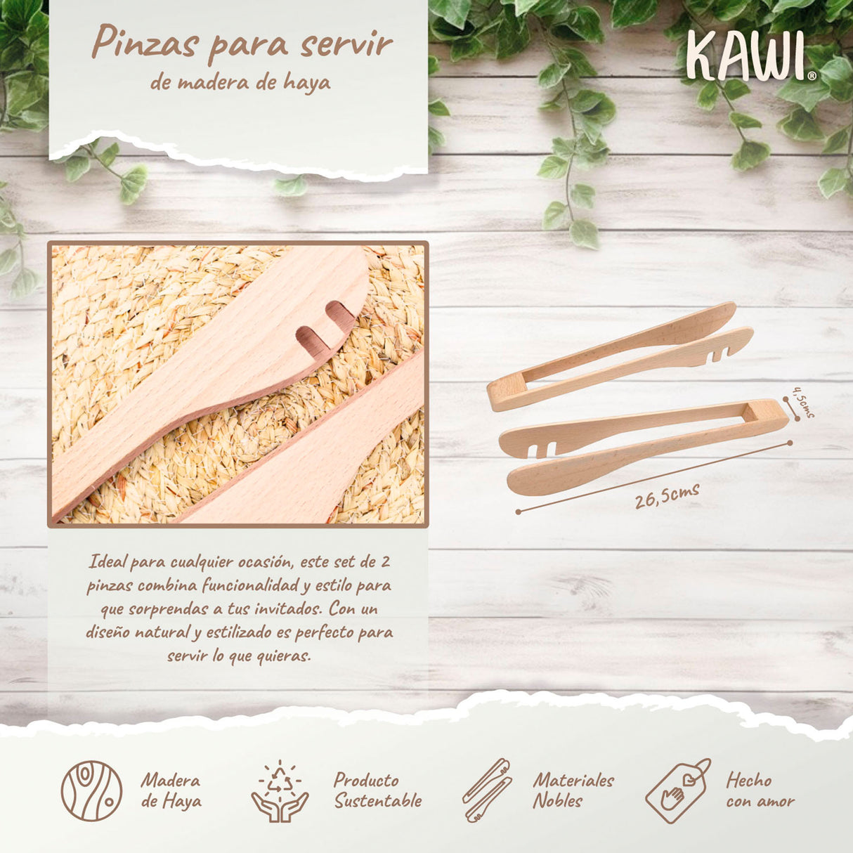 Sirve con estilo con el set de 2 pinzas de madera de haya Kawi. Diseño ergonómico y madera sustentable. Perfectas para ensaladas y más. ¡Compra online con envío a Chile!