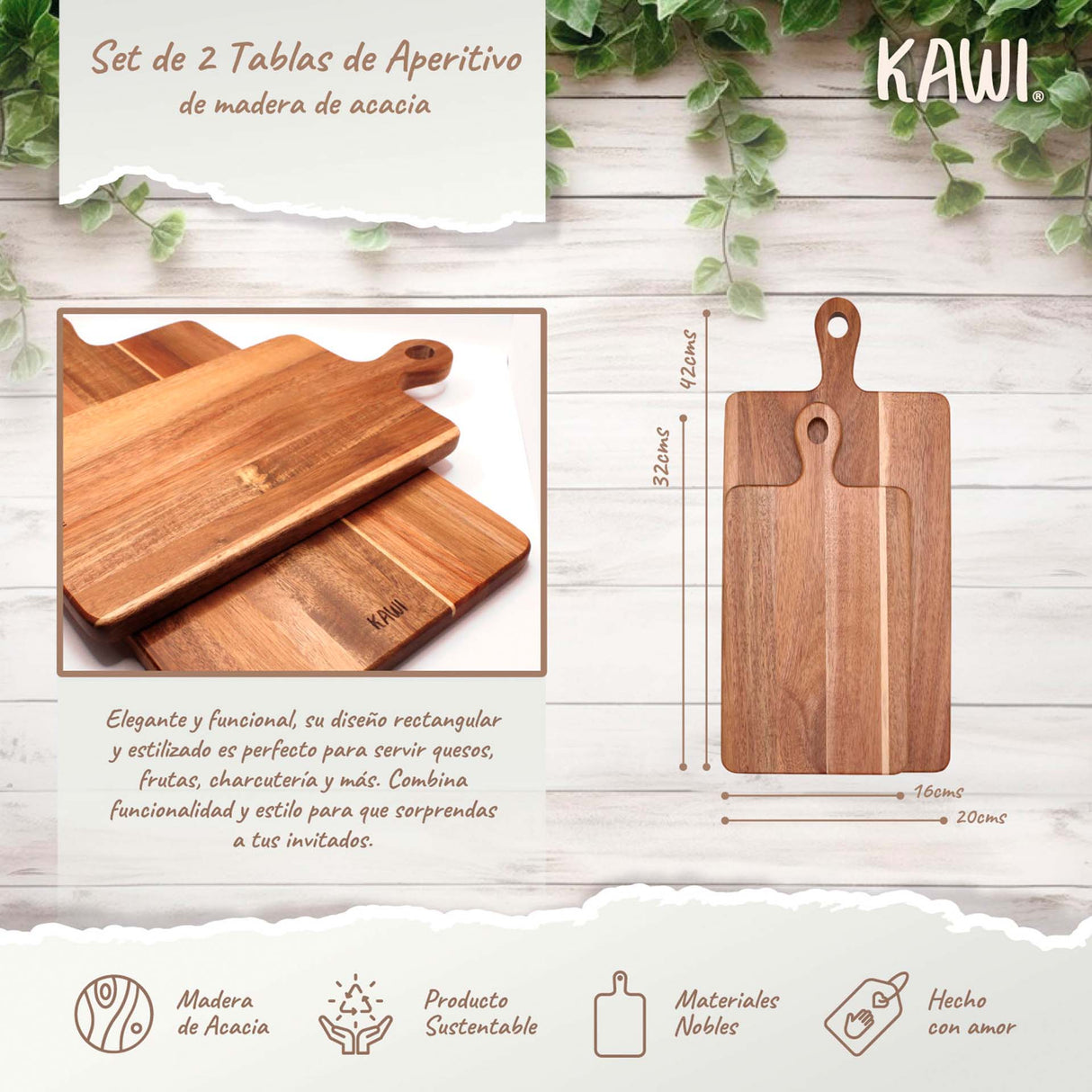 Set de 2 tablas para aperitivo Kawi, de madera de acacia. Diseño versátil y estilo natural. Perfectas para quesos, frutas y más. ¡Compra online y disfruta! Envío a Chile.