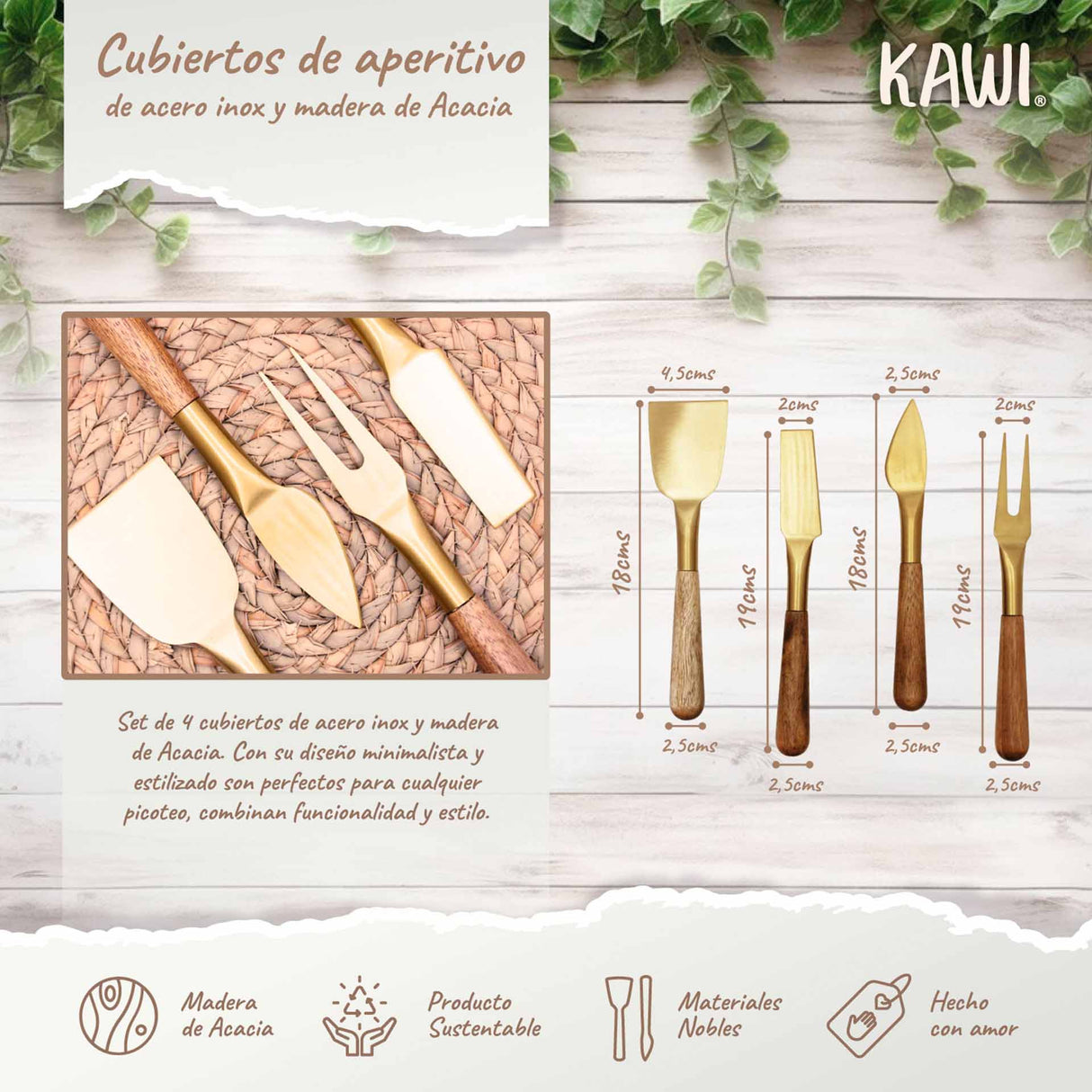 Set de 4 cubiertos de aperitivo Kawi. Combinación de acero inoxidable y madera de acacia. Diseño minimalista y elegante. ¡Compra online! Envío a todo Chile.