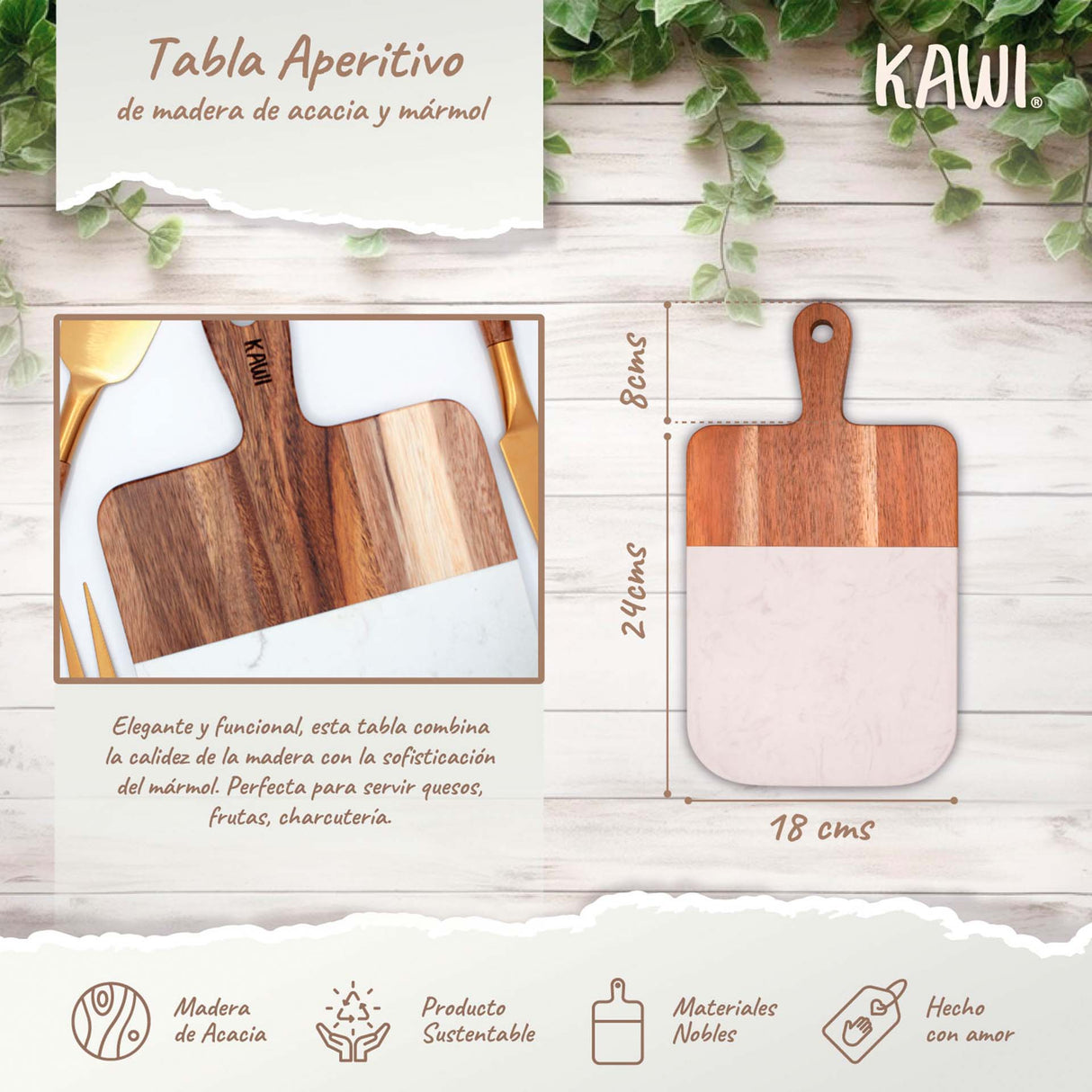 Tabla de aperitivo rectangular Kawi. Madera de acacia y mármol. Diseño elegante y funcional para quesos, frutas y más. ¡Compra online y eleva tus presentaciones! Envío a Chile.