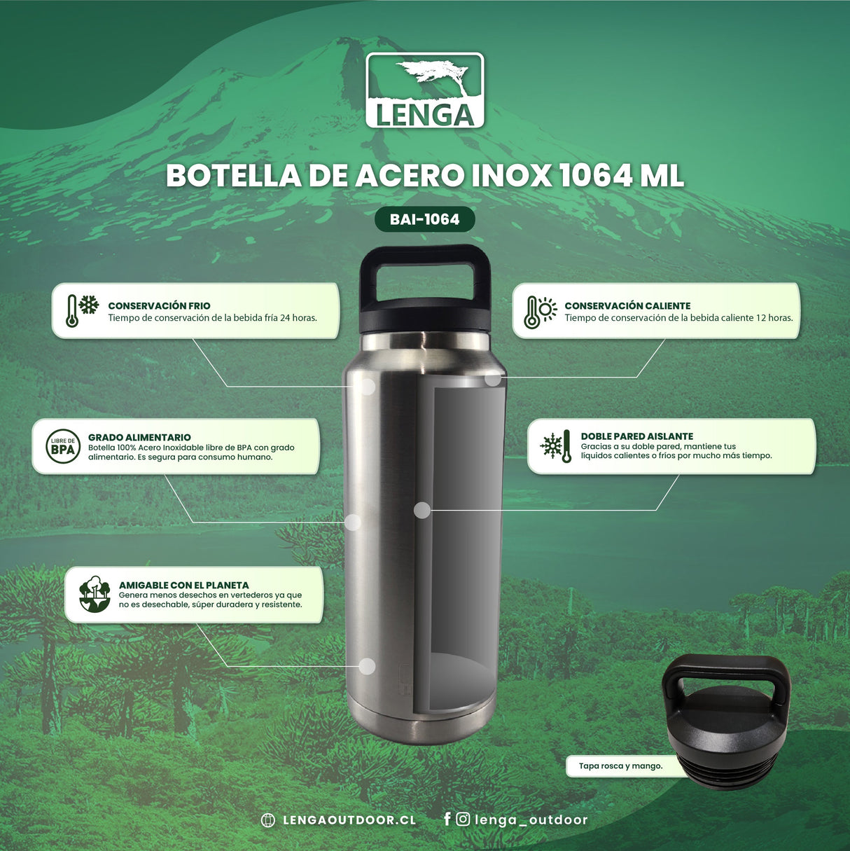 Botella Acero inox Aislamiento De Doble Pared 1064ml