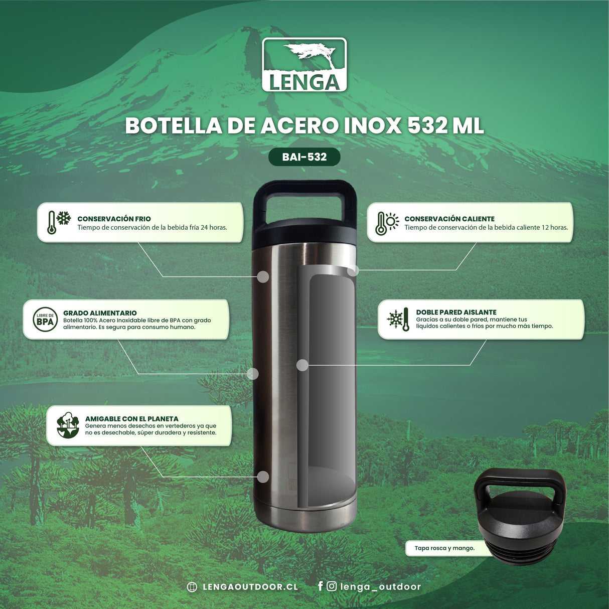 Botella Acero inox Aislamiento De Doble Pared 532ml