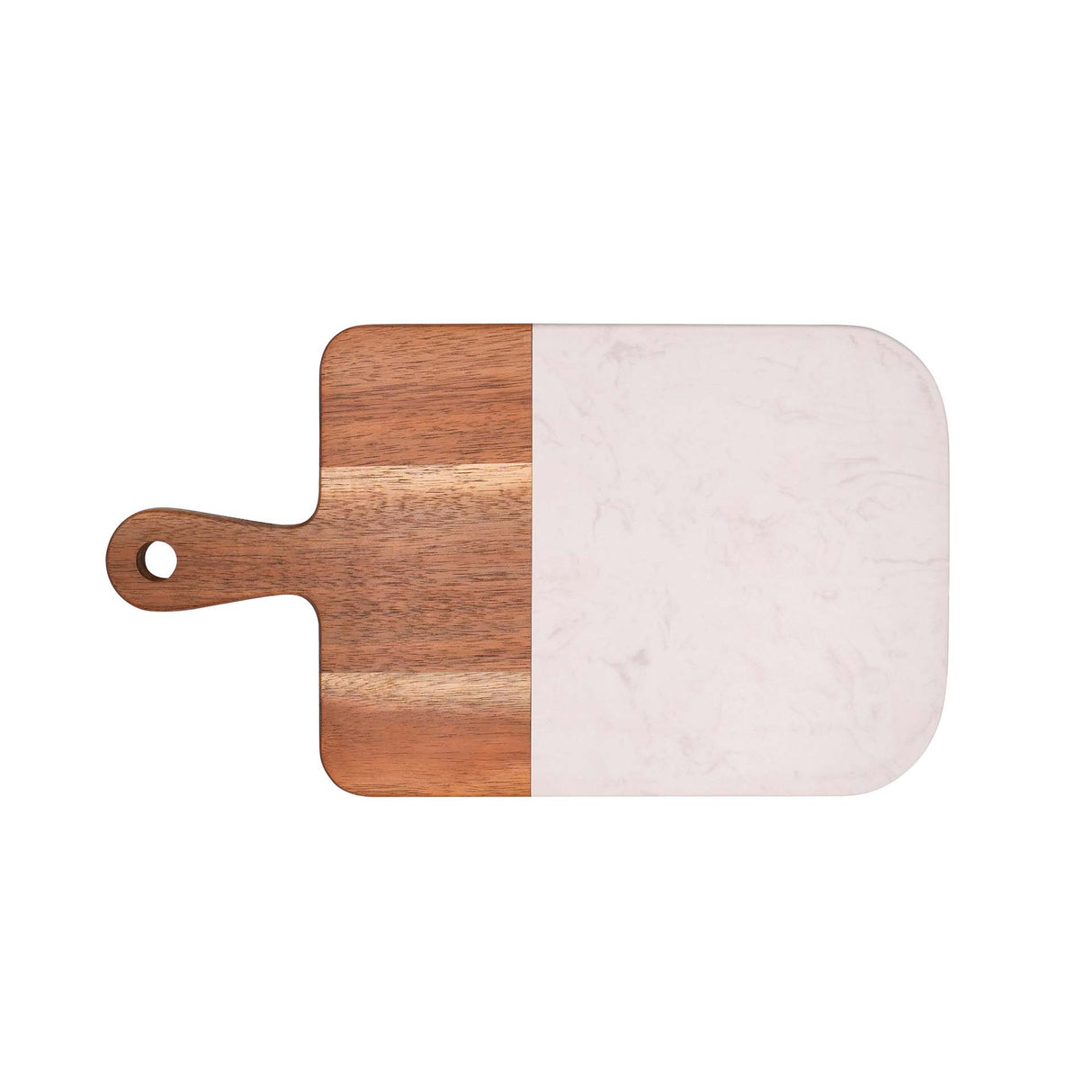 Tabla de aperitivo rectangular Kawi. Madera de acacia y mármol. Diseño elegante y funcional para quesos, frutas y más. ¡Compra online y eleva tus presentaciones! Envío a Chile.