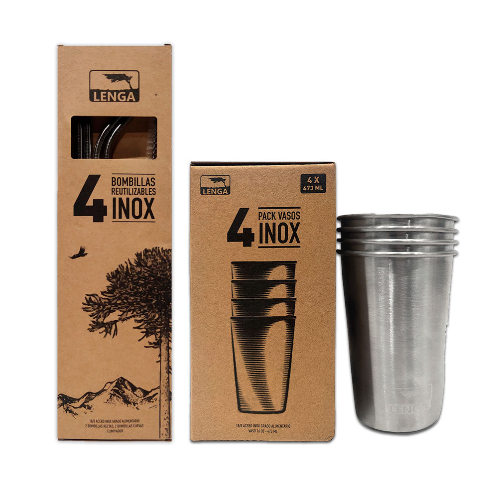 Pack 4 Vasos Acero Inoxidable 473ml + 1 Set Bombillas