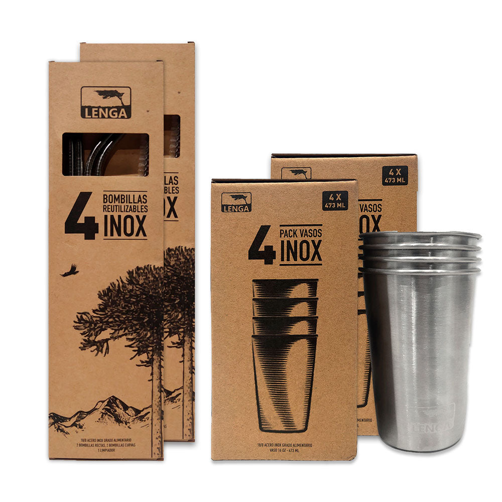 Pack 8 Vasos Acero Inoxidable 473ml + 2 Set Bombillas