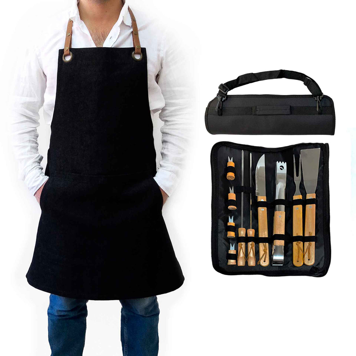 Pack Set Asado Parrilla 10 unds + Pechera Jeans Negra con tirantes cuero sintético Unisex