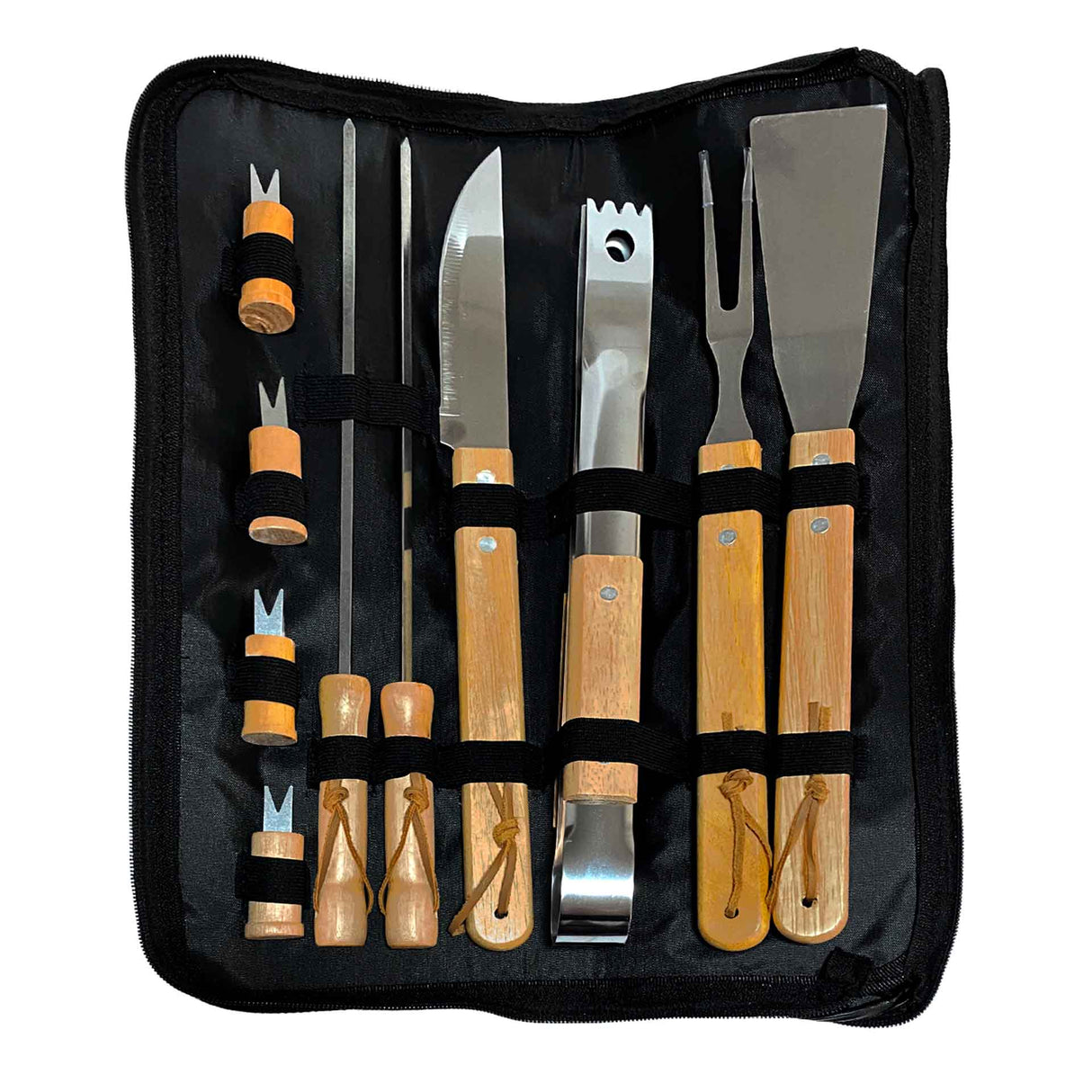 Pack Set Asado Parrilla 10 unds + Pechera Jeans Negra con tirantes cuero sintético Unisex