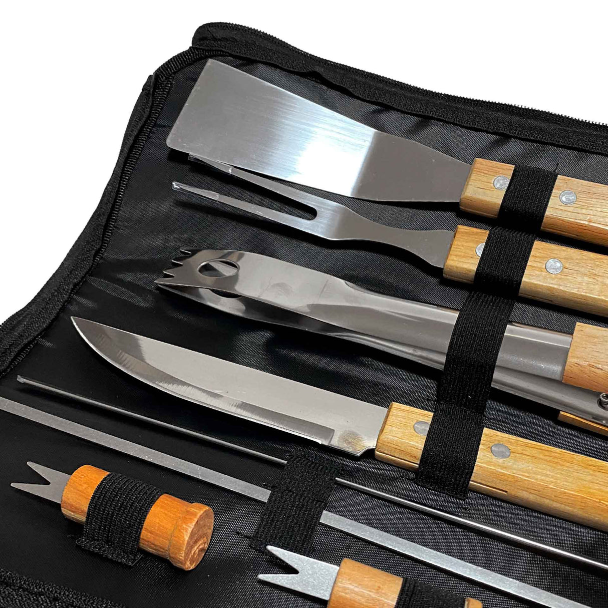 Pack Set Asado Parrilla 10 unds + Pechera Jeans Negra con tirantes cuero sintético Unisex