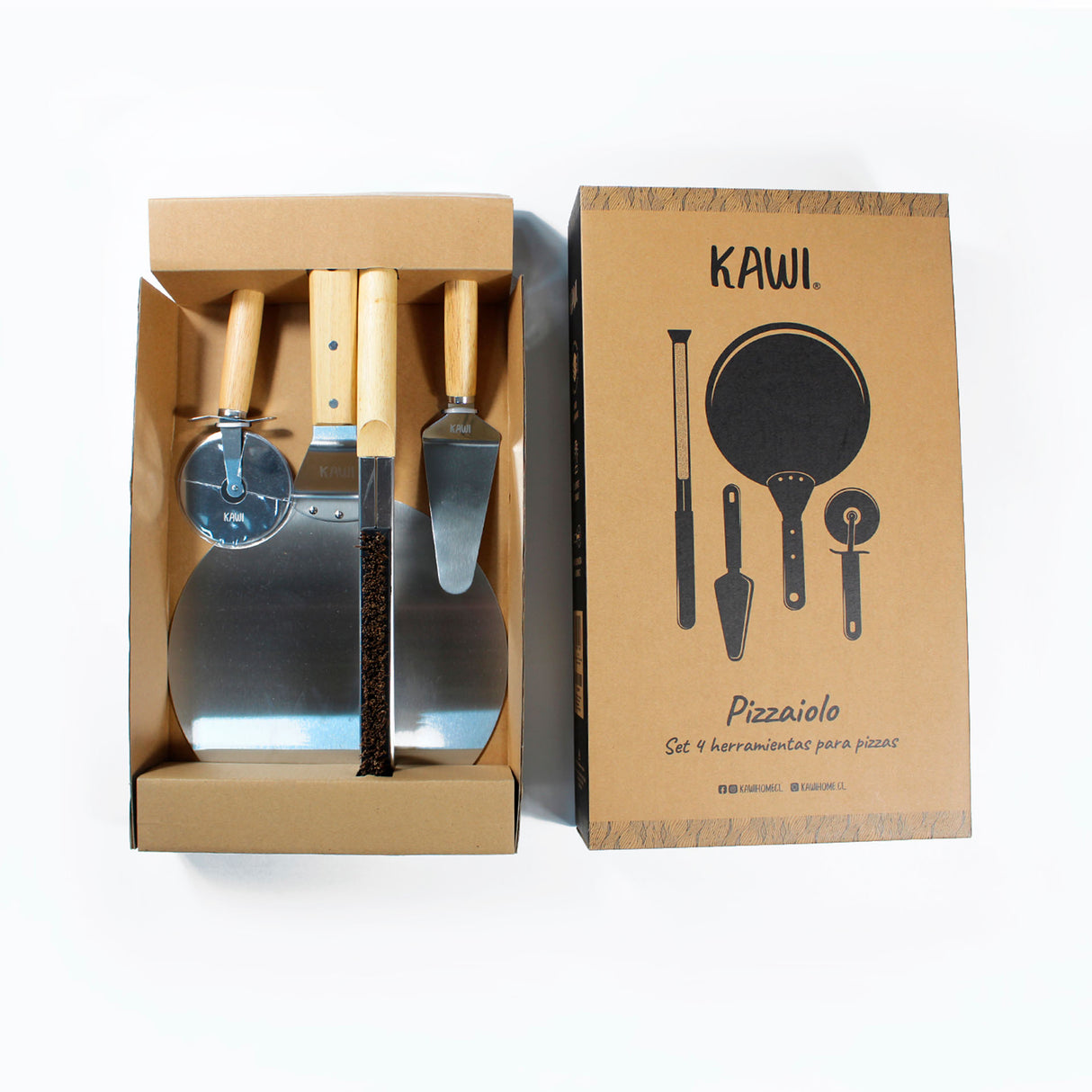 Set para pizza Kawi Pizzaiolo de 4 piezas: cortador, pala, cepillo y espátula. Acero inoxidable y madera. ¡Prepara y sirve pizza como un profesional! Compra online, envío a Chile.
