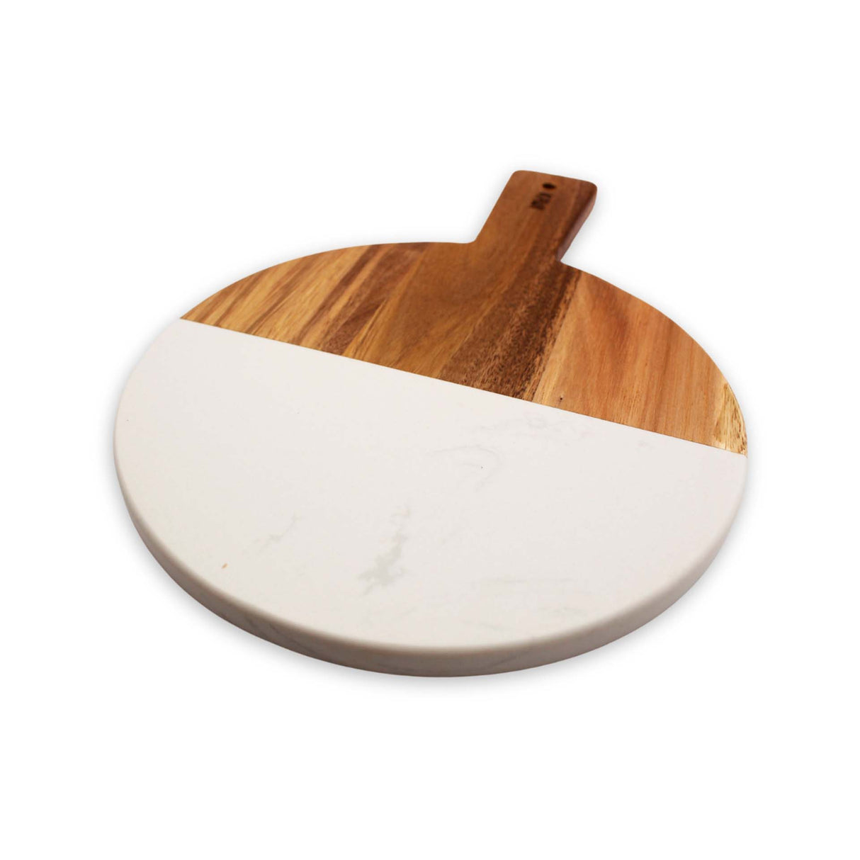 Tabla de aperitivo redonda Kawi. Combinación de madera de acacia y mármol. Diseño elegante y funcional. Perfecta para quesos y más. ¡Compra online y sorprende a tus invitados! Envío a Chile.