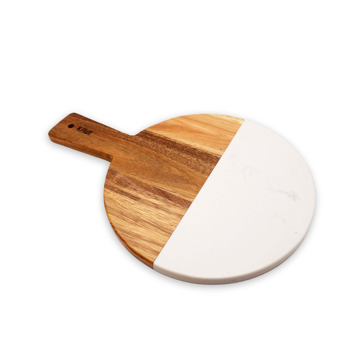 Tabla de aperitivo redonda Kawi. Combinación de madera de acacia y mármol. Diseño elegante y funcional. Perfecta para quesos y más. ¡Compra online y sorprende a tus invitados! Envío a Chile.