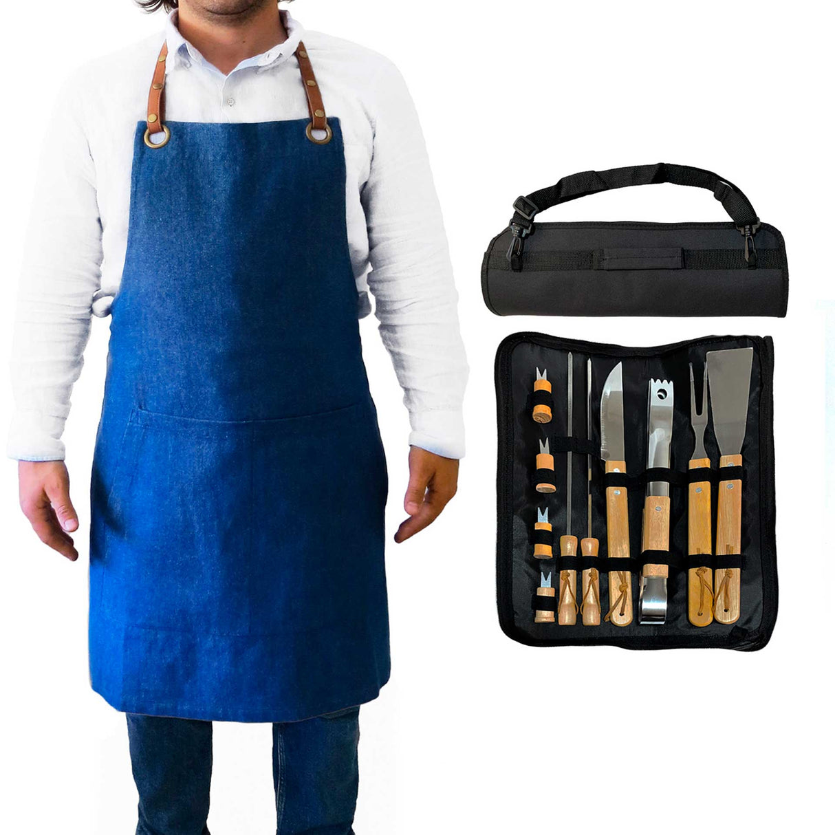 Pack Set Asado Parrilla 10 unds + Pechera Jeans Negra con tirantes cuero sintético Unisex