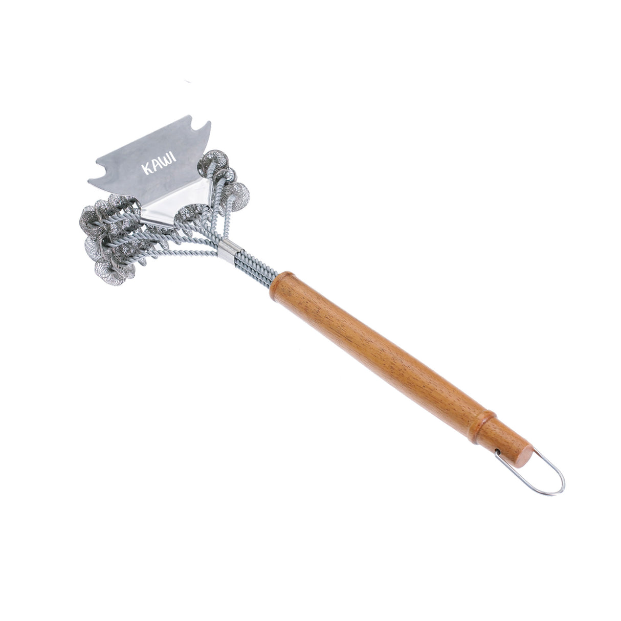 Cepillo limpiador raspador para parrilla Kawi. Acero inoxidable y mango de madera. Elimina residuos y grasa con facilidad. ¡Mantén tu parrilla impecable! Compra online. Envío a Chile.