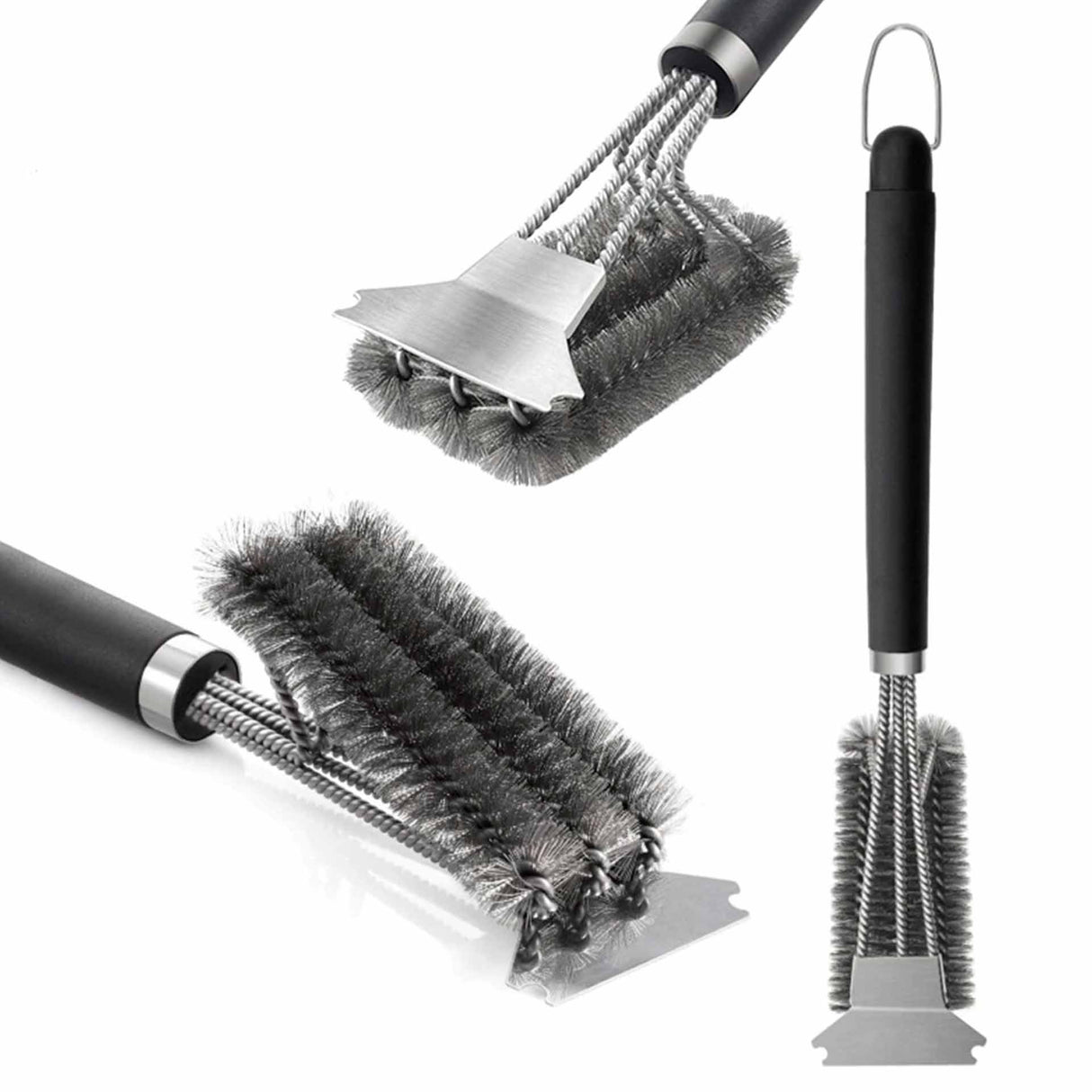 Cepillo limpiador raspador triple para parrilla Kawi, de acero inoxidable. Limpieza profunda y rápida. Elimina residuos y grasa con facilidad. ¡Compra online y mantén tu parrilla como nueva! Envíos a todo Chile.