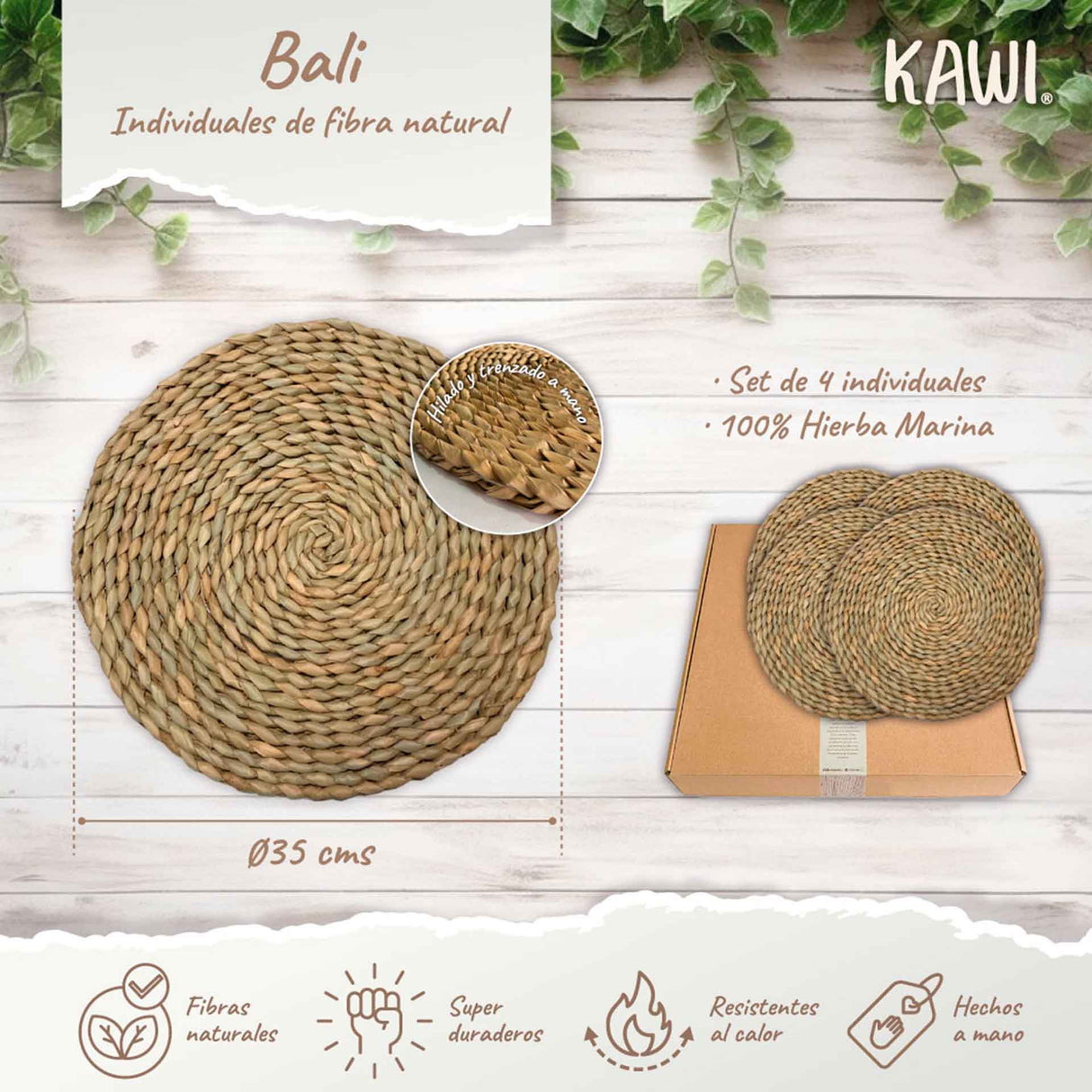 Set de 4 individuales Bali de fibra natural (hierba marina) Kawi. Dale un toque natural y elegante a tu mesa. Redondos, 35cm. ¡Compra online, envío a todo Chile!