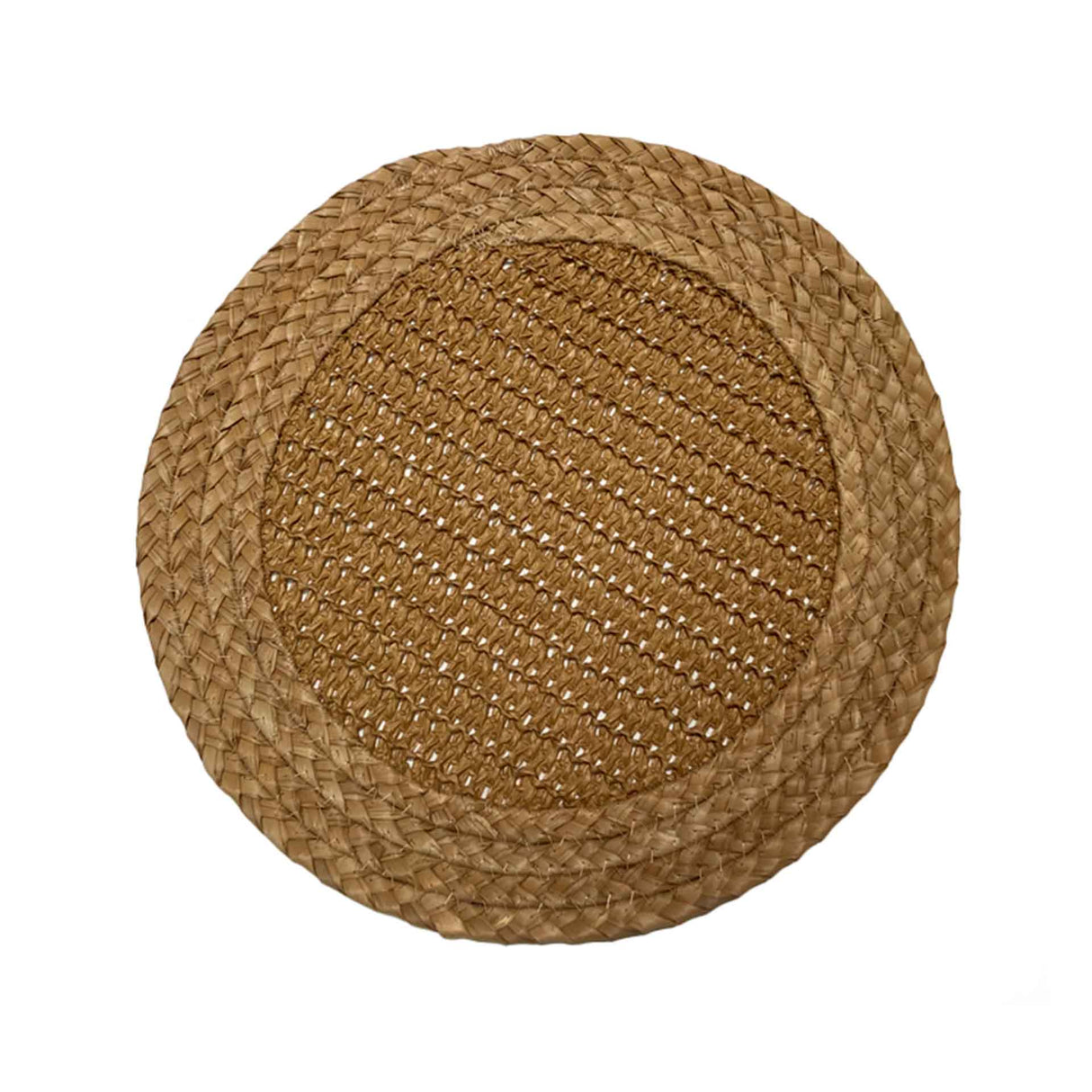 Set de 4 individuales Corón de Kawi. Combinación de yute y hierba marina, doble trama. Diseño natural y resistente, 35cm. ¡Compra online, envío a todo Chile!