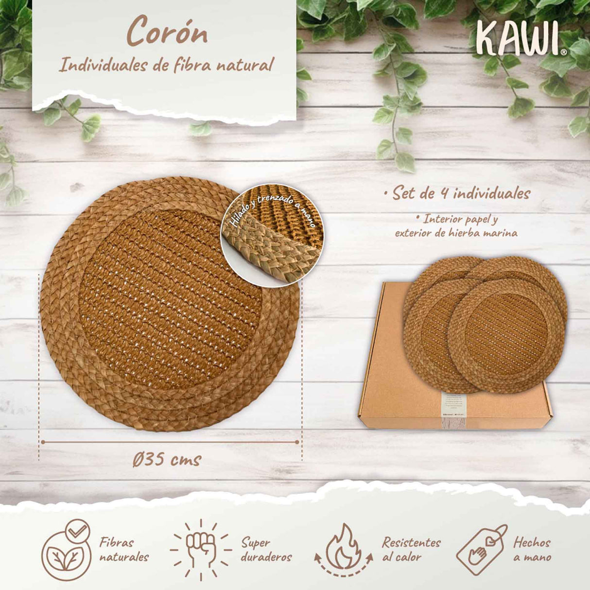 Set de 4 individuales Corón de Kawi. Combinación de yute y hierba marina, doble trama. Diseño natural y resistente, 35cm. ¡Compra online, envío a todo Chile!