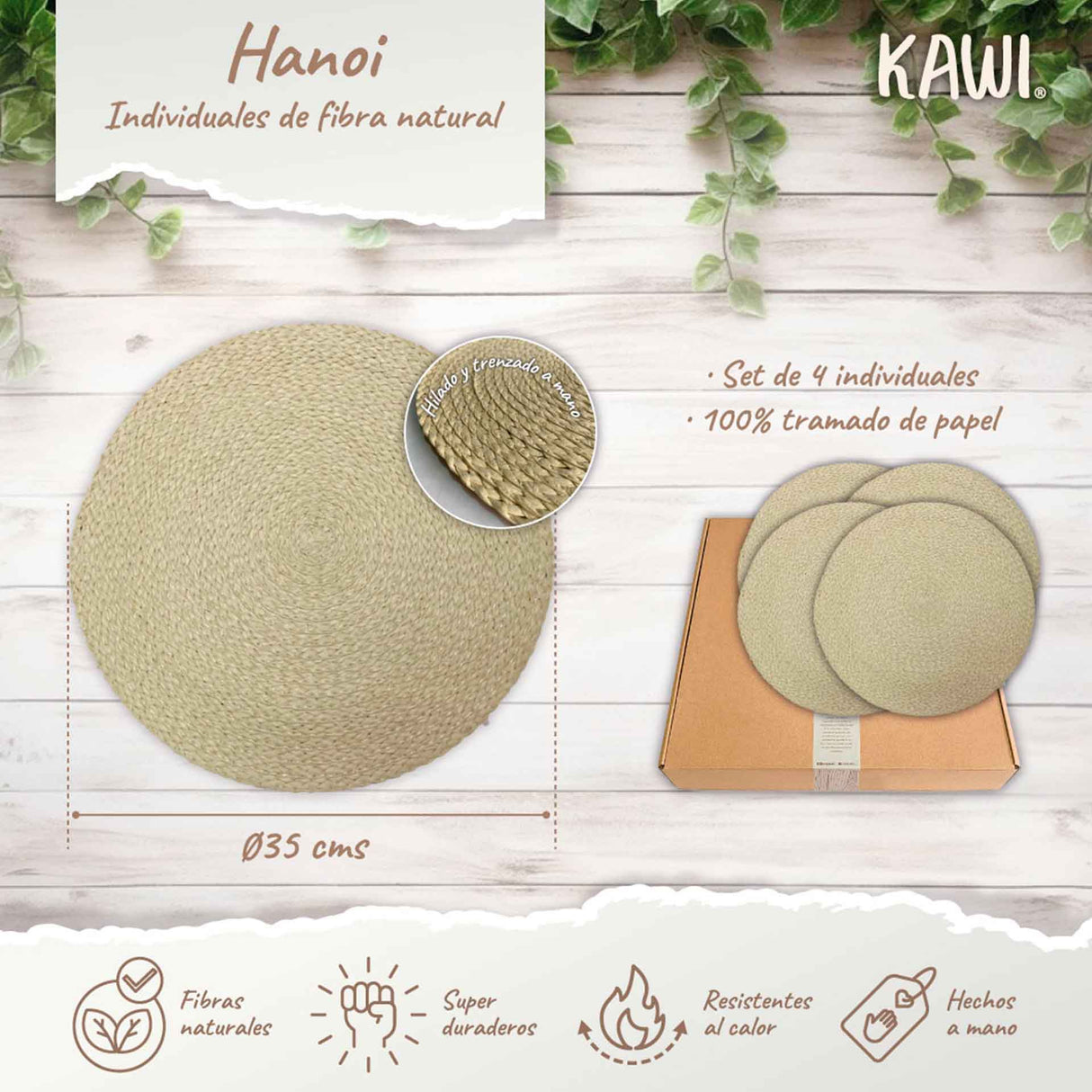 Set de 4 individuales Hanoi de Kawi, hechos de papel trenzado 100%. Diseño moderno y natural, 35cm. ¡Protege tu mesa con estilo y originalidad! Envíos a Chile.