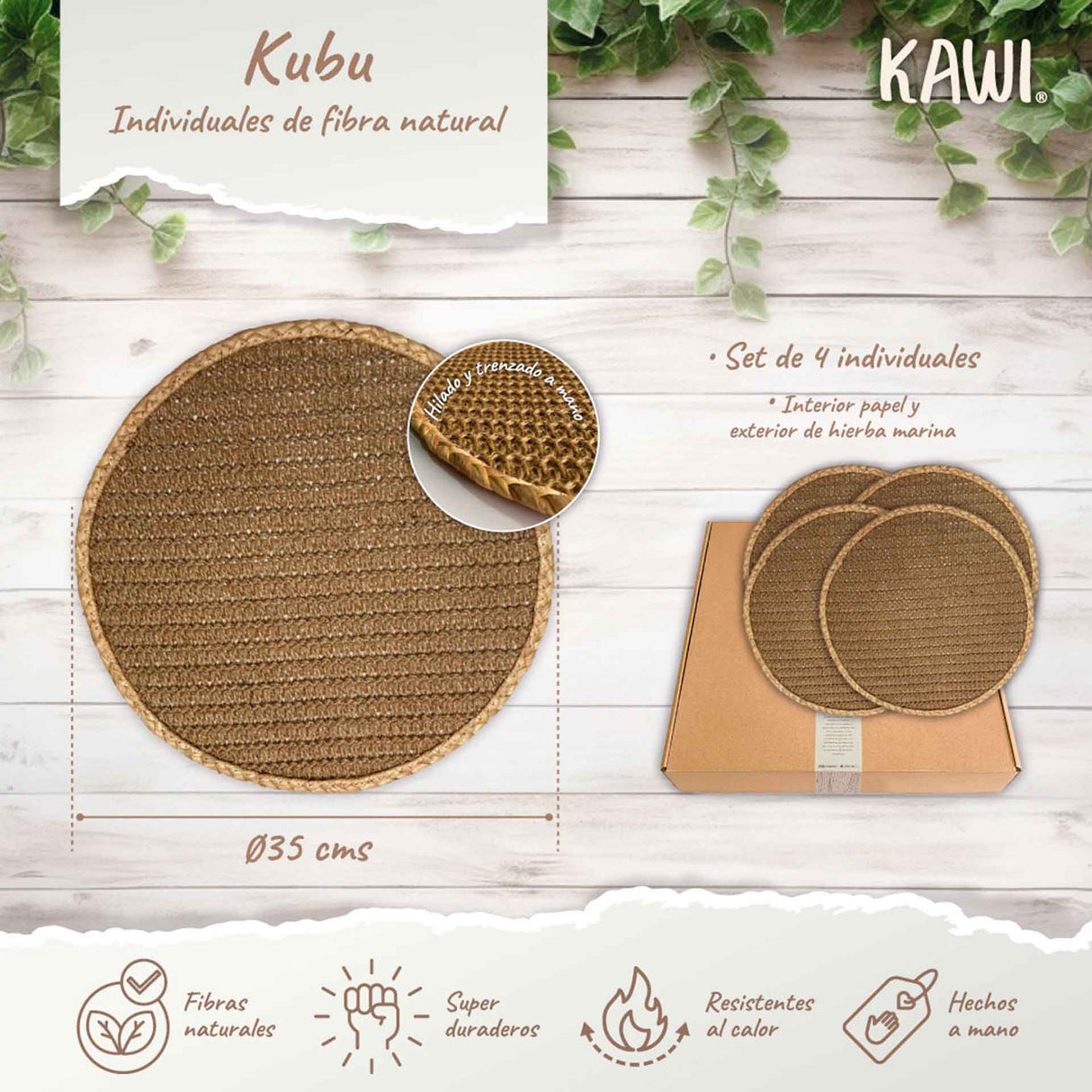 Set de 4 individuales Kubu de Kawi. Hechos con fibra natural (hierba marina y papel). Diseño rústico y elegante, 35cm. ¡Compra ahora y protege tu mesa! Envío a Chile.