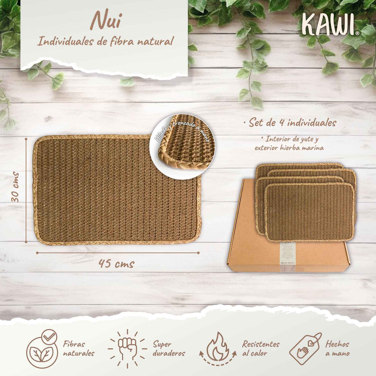 Set de 4 individuales rectangulares Nui de Kawi (30x45cm). Combinación de yute y hierba marina. Diseño práctico y elegante. ¡Compra online, envío a Chile!