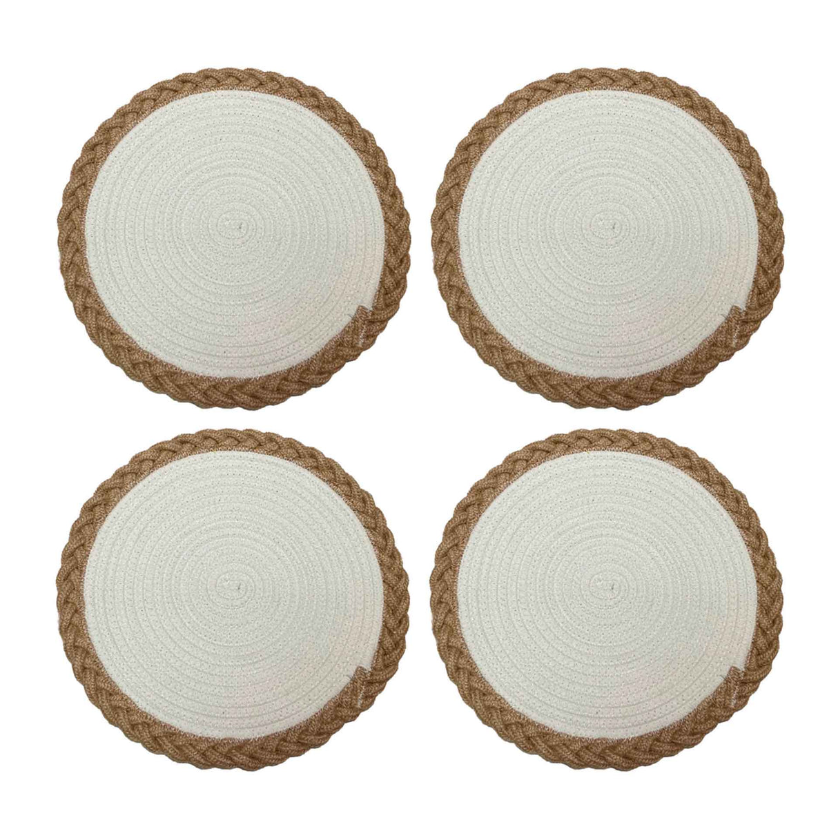 Set de 4 individuales Nusa de Kawi. Combinan yute y poliéster para mayor durabilidad y estilo. Redondos, 35cm. ¡Ideales para proteger tu mesa! Compra online.