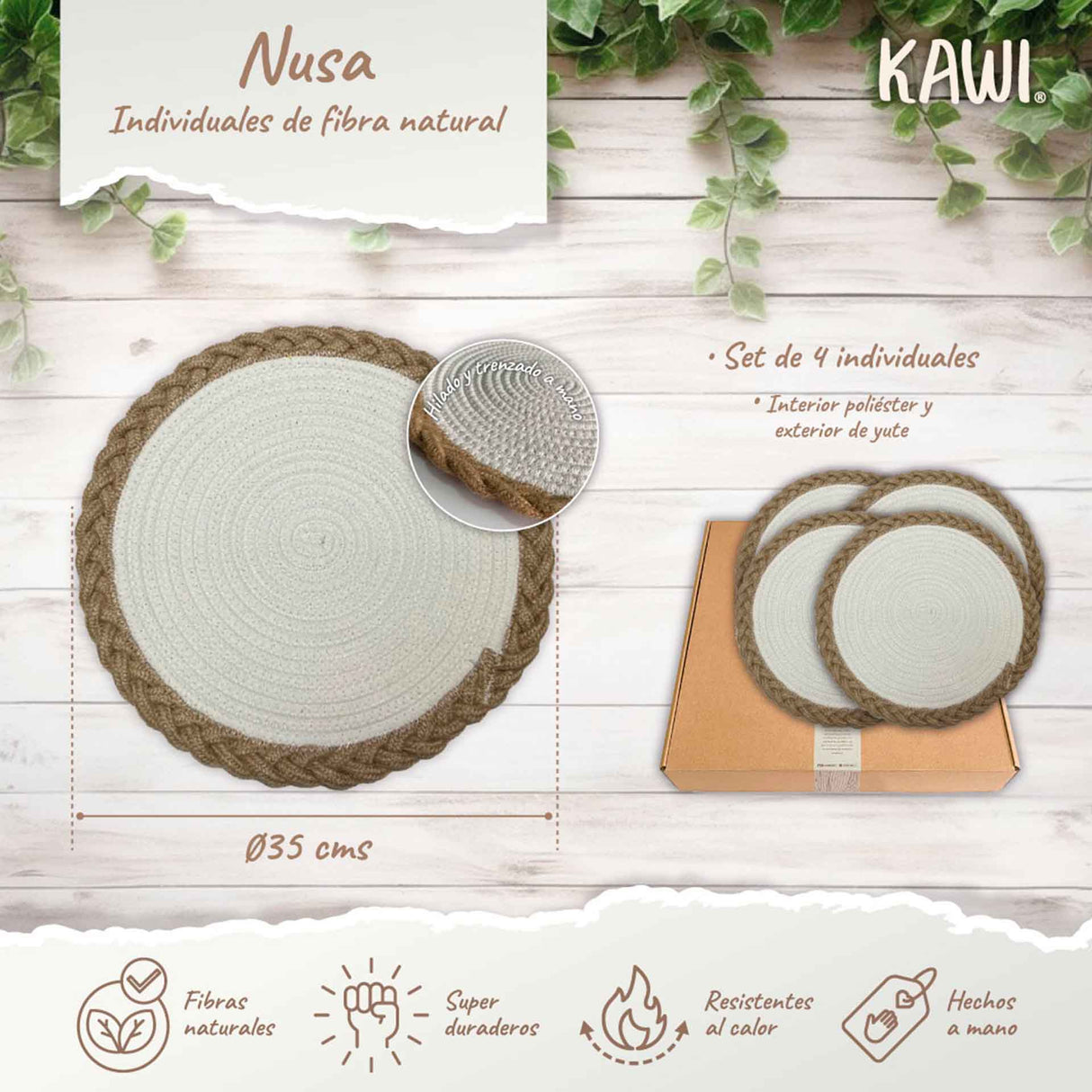 Set de 4 individuales Nusa de Kawi. Combinan yute y poliéster para mayor durabilidad y estilo. Redondos, 35cm. ¡Ideales para proteger tu mesa! Compra online.