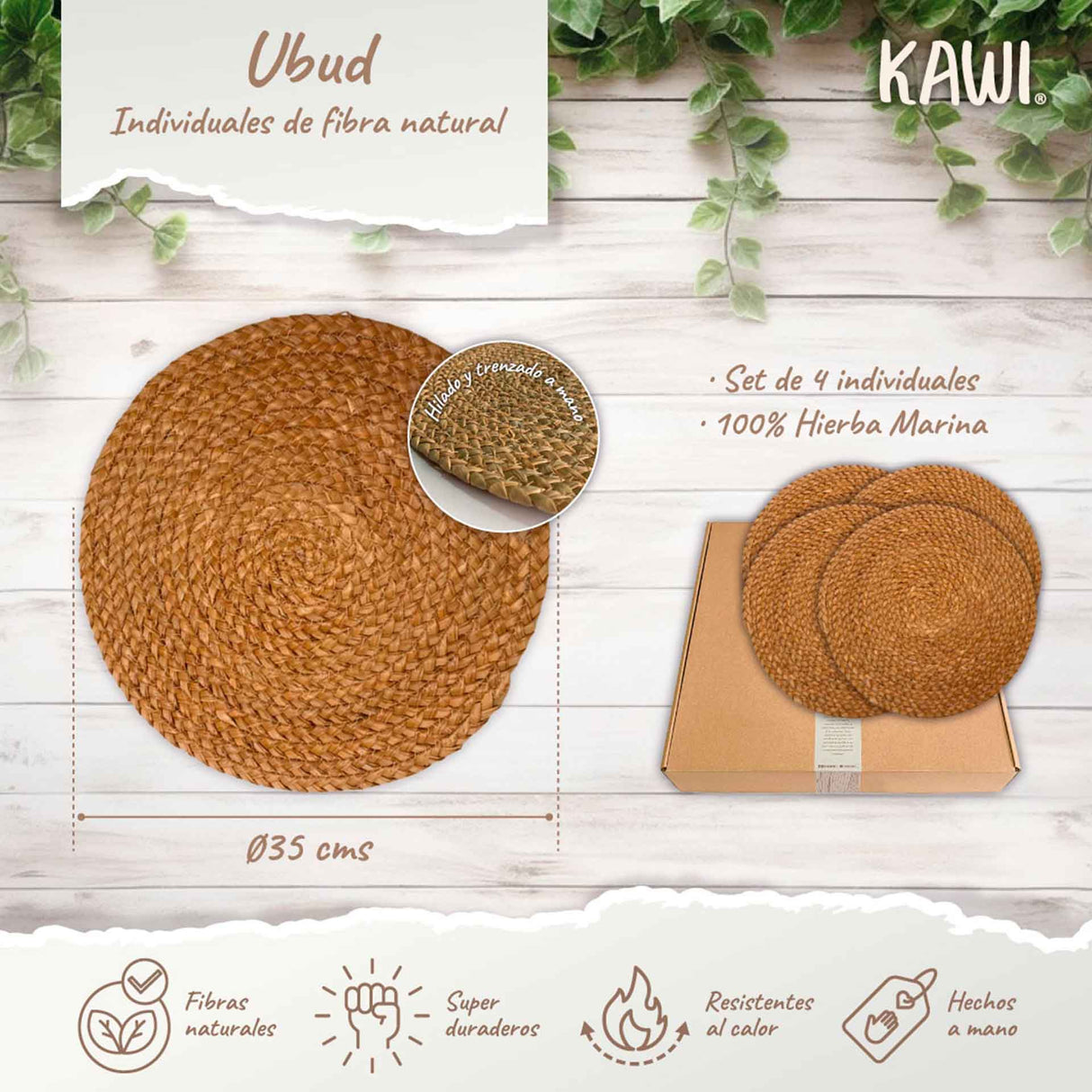 Set de 4 individuales Ubud de Kawi, hechos de hierba marina 100% natural. Diseño rústico y elegante, 35cm. Protege tu mesa con estilo. ¡Compra ahora, envío a Chile!
