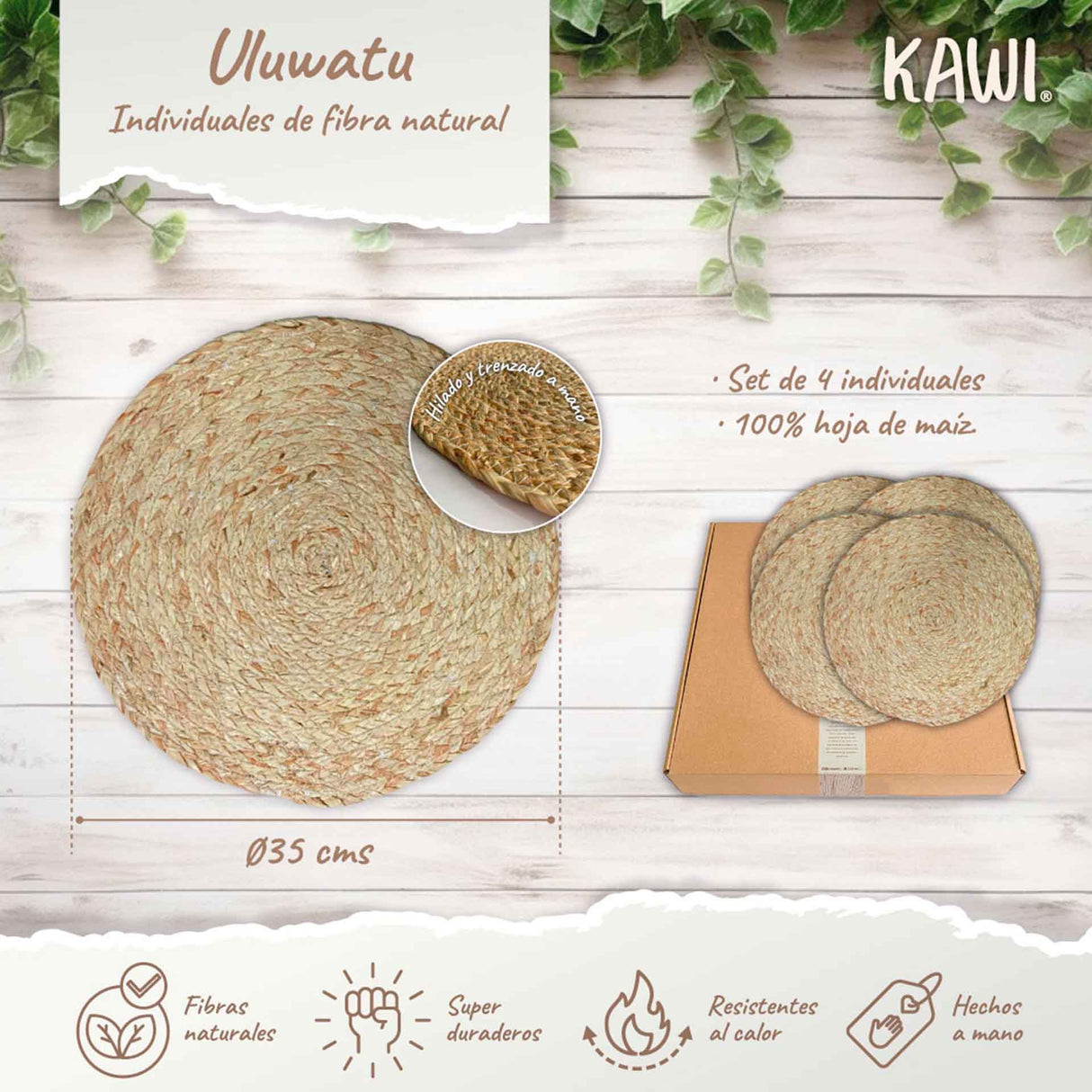Set de 4 individuales Uluwatu de Kawi, hechos de hoja de maíz 100% natural. Diseño único y veraniego, 35cm. ¡Ideales para proteger tu mesa! Compra online.