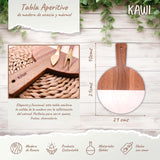 Tabla de aperitivo redonda Kawi. Combinación de madera de acacia y mármol. Diseño elegante y funcional. Perfecta para quesos y más. ¡Compra online y sorprende a tus invitados! Envío a Chile.