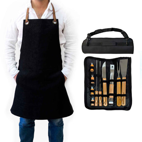 Pack Set Asado Parrilla 10 unds + Pechera Jeans Azul con tirantes cuero sintético Unisex