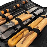Pack Set Asado Parrilla 10 unds + Pechera Jeans Negra con tirantes cuero sintético Unisex
