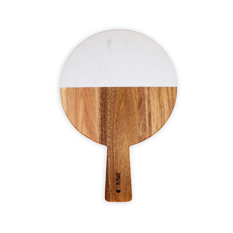 Tabla de aperitivo redonda Kawi. Combinación de madera de acacia y mármol. Diseño elegante y funcional. Perfecta para quesos y más. ¡Compra online y sorprende a tus invitados! Envío a Chile.