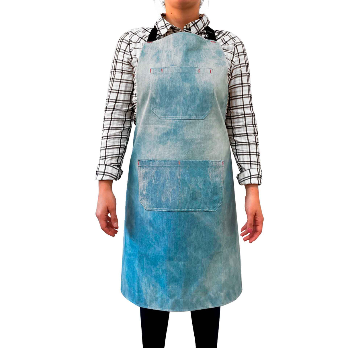 Pechera jeans tie dye Kawi, unisex. Diseño único y colorido, 100% algodón. Perfecta para cocina, parrilla y más. ¡Compra online y expresa tu estilo!