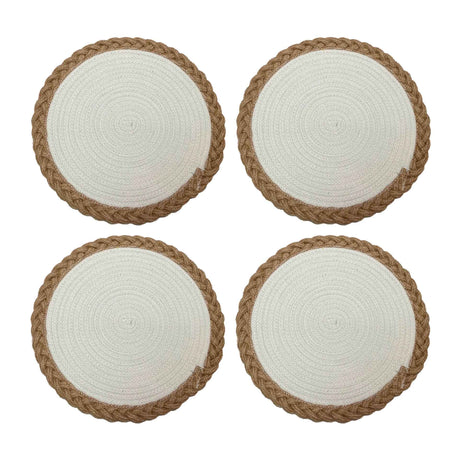 Set de 4 individuales Nusa de Kawi. Combinan yute y poliéster para mayor durabilidad y estilo. Redondos, 35cm. ¡Ideales para proteger tu mesa! Compra online.