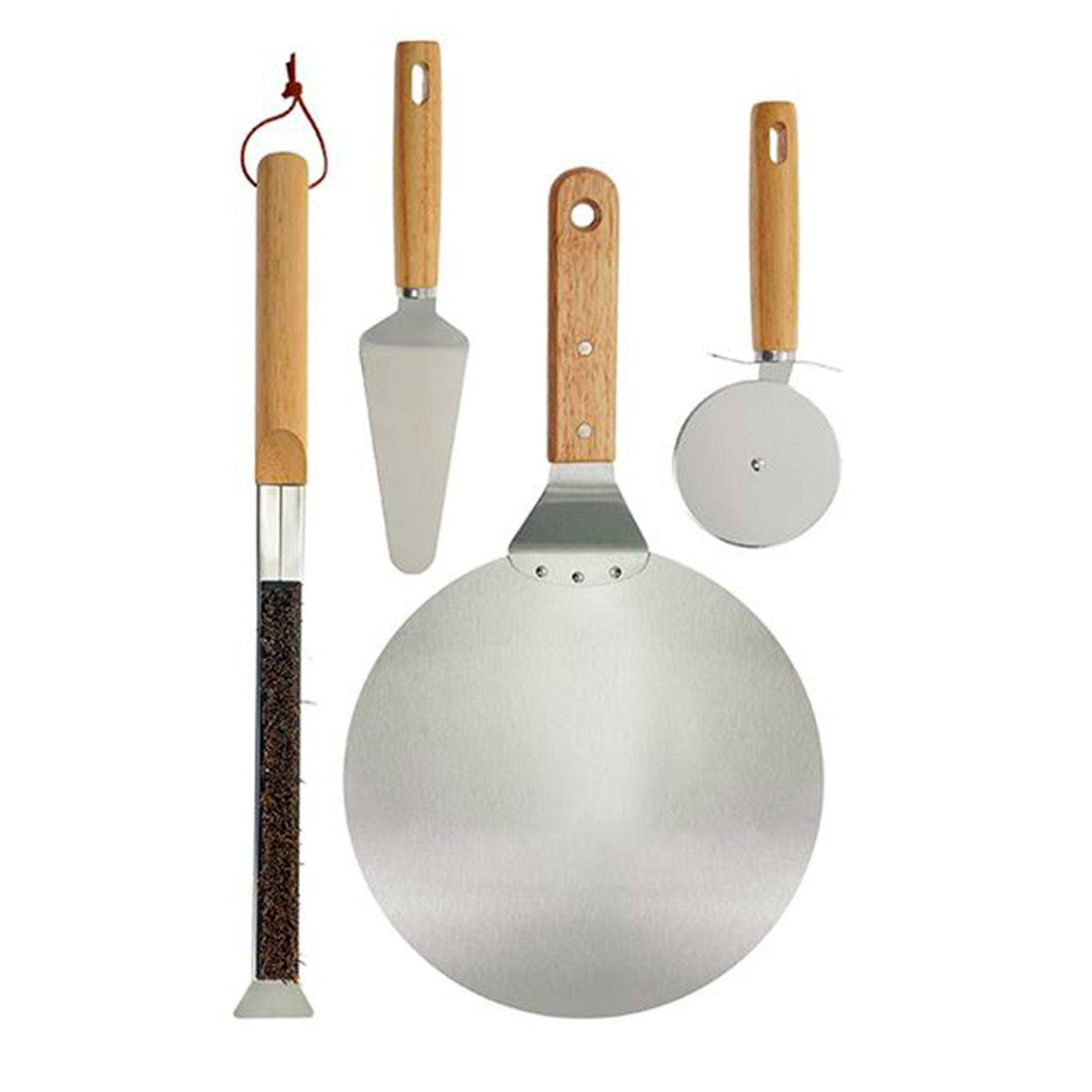 Set para pizza Kawi Pizzaiolo de 4 piezas: cortador, pala, cepillo y espátula. Acero inoxidable y madera. ¡Prepara y sirve pizza como un profesional! Compra online, envío a Chile.