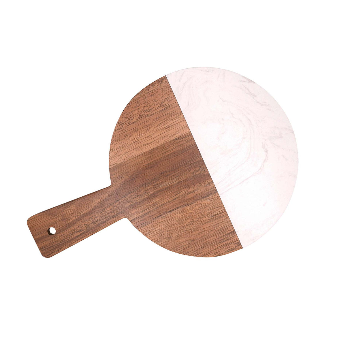 Tabla de aperitivo redonda Kawi. Combinación de madera de acacia y mármol. Diseño elegante y funcional. Perfecta para quesos y más. ¡Compra online y sorprende a tus invitados! Envío a Chile.